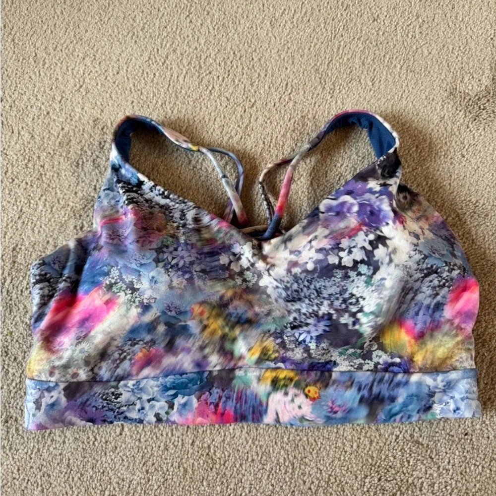 ATHLETA- Solace Bra Renewed Bloom Chrome Blue Yoga Pilates Barre Workout 1X - Picture 2 of 4